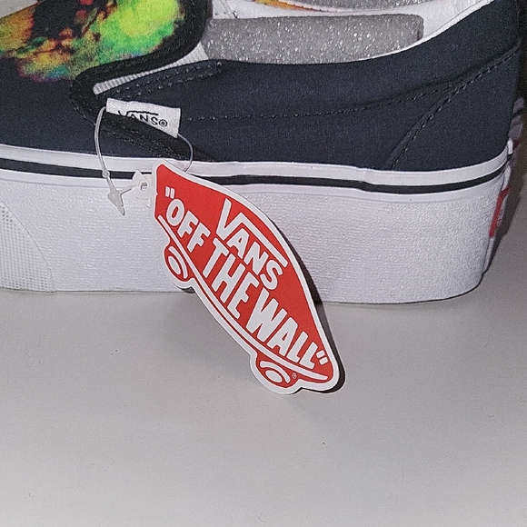 Vans Black and Orange Slip-On Platform Sneakers with Psychedelic Design - Picture 2 of 7